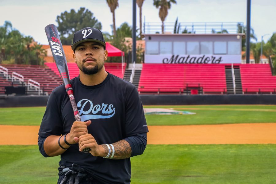 Gabe Gonzalez, whos hit nine home runs and racked up 27 RBIs in 30 games this season, poses at CSUNs Matador Field on April 11, 2022, in Northridge, Calif.