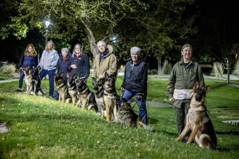A group photo of the therapy dogs attending training on the lawn at the Simi Valley Senior Center in Simi Valley, Calif., on March 9, 2022.
