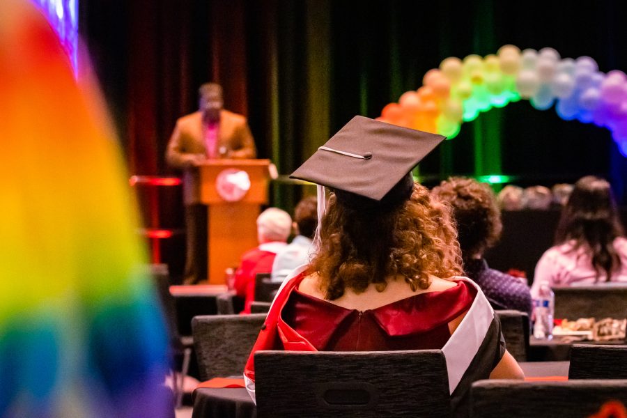 The+Rainbow+Graduation+Celebrations+keynote+speaker+captivates+the+audience+as+they+explain+the+importance+of+LGBTQIA%2B+visibility+to+the+young+queer+generations+and+setting+the+example+that+there+is+life+beyond+and+it+will+get+better.+They+made+this+point+in+the+University+Student+Union+on+Friday%2C+May+20%2C+2022%2C+in+Northridge%2C+Calif.%2C+and+uplifted+the+rainbow+graduates+of+2022.