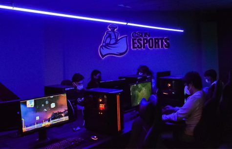 CSUN esport club. Some people are on the computers and there is many computers on the table