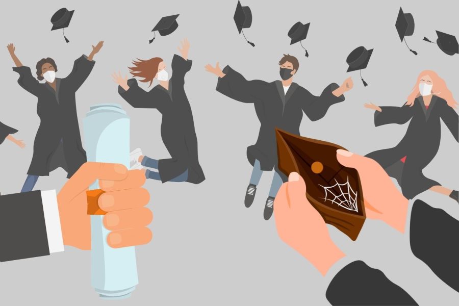 a illustration of people graduating, with a diploma in one hand, and a empty wallet