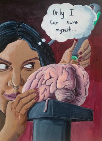 illustration of a woman drawing a cerebrum with a though "only I can save myself"