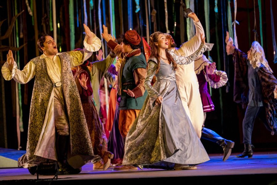 Joseph Perez (Cinderellas Prince/The Wolf), Darian Calderon (Baker) and Rachel Fischer (Cinderella) performs in “Into the Woods” at the CSUN Campus Theatre on April 9, 2022, in Northridge, Calif.