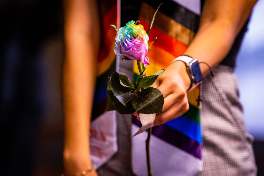The CSUN Pride Center gave a rainbow rose to every graduate in attendance of the Rainbow Graduation Celebration held in the Northridge Center Complex. of the University Student Union, on Friday, May 20, 2022, in Northridge, Calif.