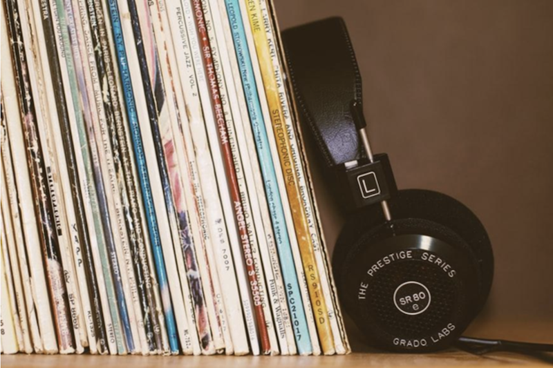 vinyl records and black headphones