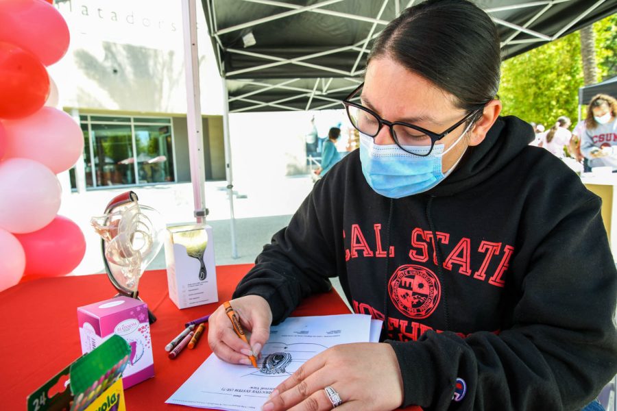 Aymie Guerrero colors and labels the female reproductive system to gain more awareness at the CRAMPS Resource Fair at CSUN on April 13, 2022, in Northridge, Calif.