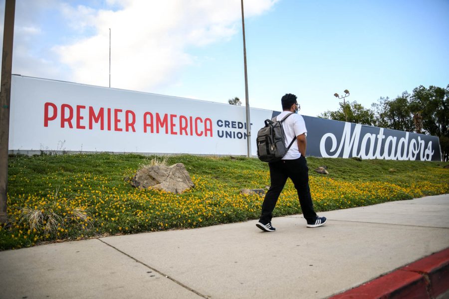 A sign announces Premier America Credit Union's new 10-year partnership with CSUN in Northridge, Calif.
