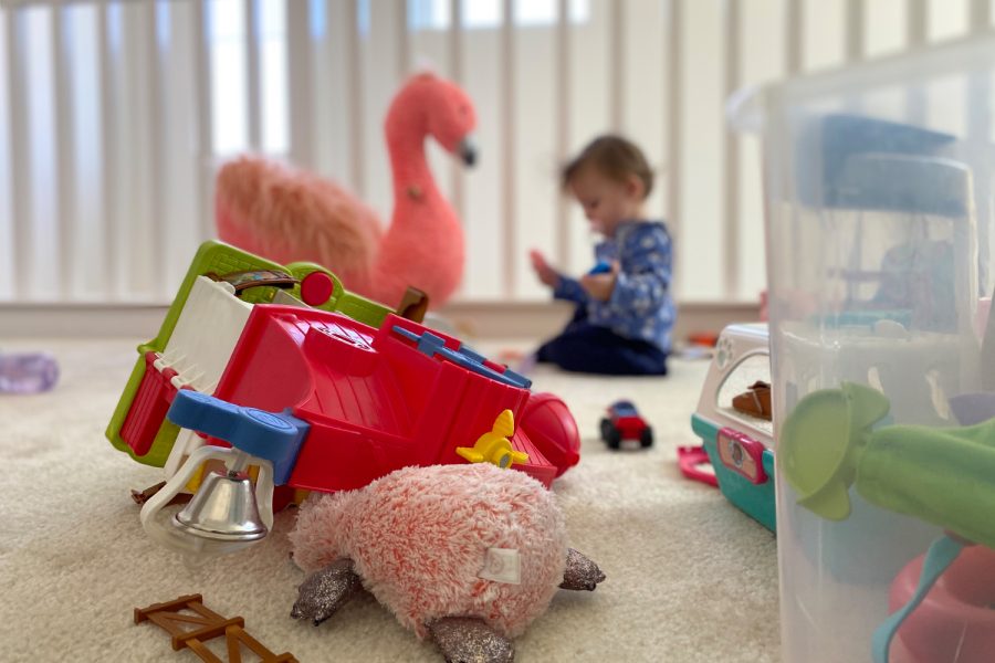Scarlett Kelemen, 18 months old, plays with some of her toys on Nov. 9, 2021, in Santa Clarita, Calif.