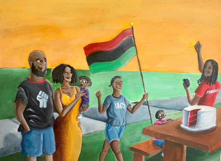 A painting with a family celebrating freedom