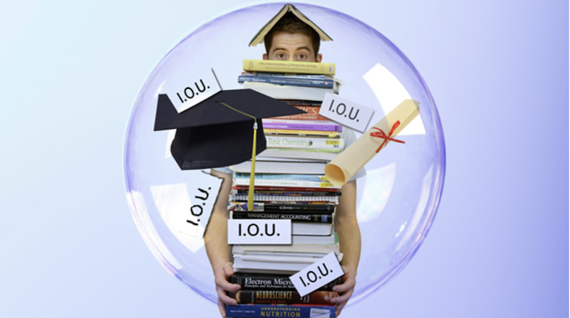 photo illustration of student in a bubble carrying books and debt
