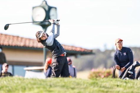 Elle Laur swings during the 2021-2022 Big West Championship, where the Matadors finished eighth out of nine.