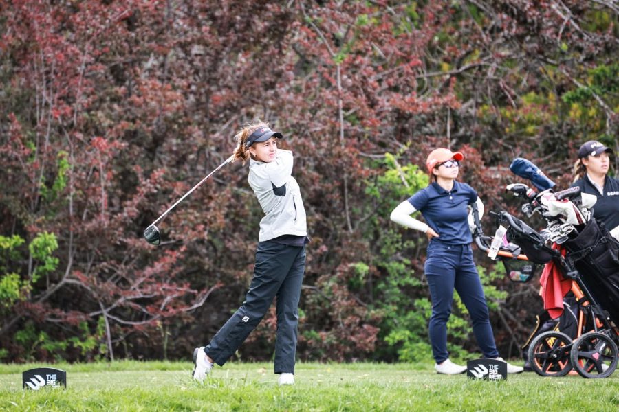 Fernanda Sosa Stackpole swings during the 2021-2022 Big West Championship, where the Matadors finished eighth out of nine.