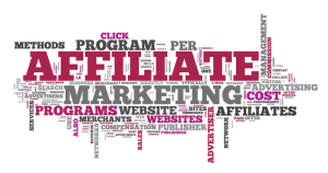 word cloud illustration featuring marketing-themed words in gray and red