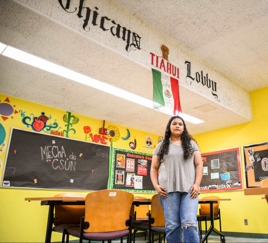 Crystal Esquivel in the Chicano Lobby in Jerome Richfield Hall at CSUN on Sept. 20, 2022, in Northridge, Calif.