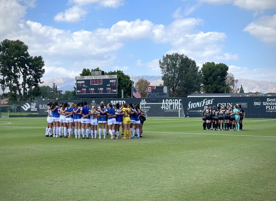 CSUN+womens+soccer+team%2C+left%2C+and+Portland+State+University+womans+soccer+team+huddle+up+before+their+game+in+Northridge%2C+Calif.%2C+on+Sunday%2C+Sept.+18%2C+2022.