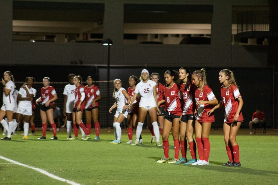 The Matadors form a wall as USC prepares to take a free kick in Northridge, Calif., on Thursday, Sept. 8, 2022.