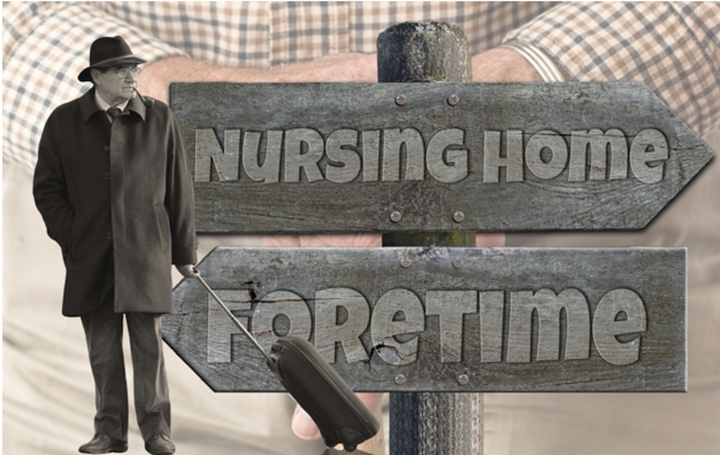Photo illustration of olderman and suitcase in front of a Nursing home sign and a pair of elderly male hands