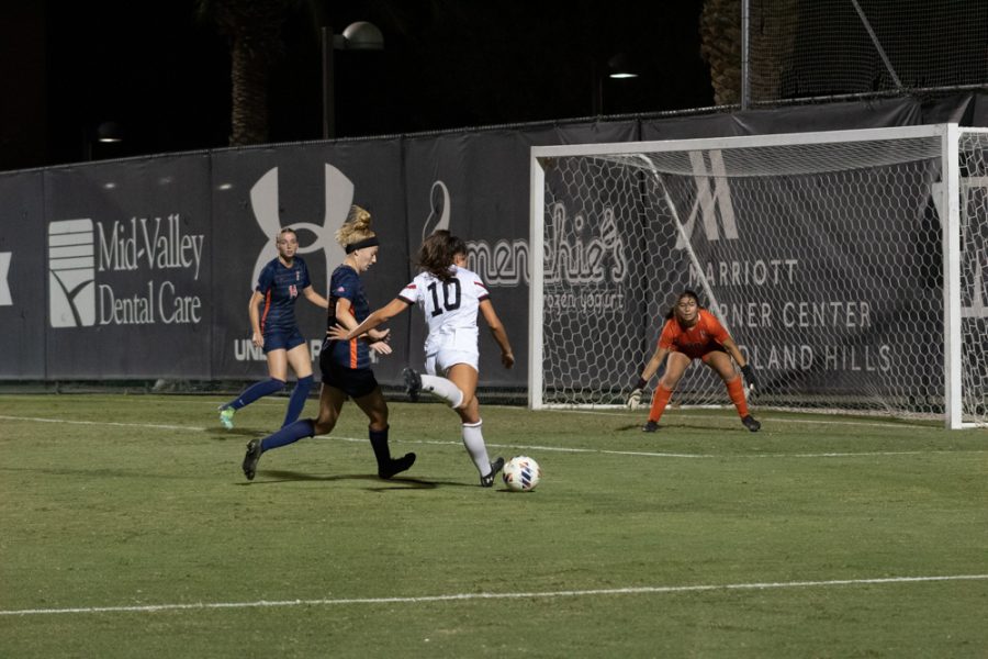 Cindy+Arteaga%2C+10%2C+dribbles+to+the+goal+and+takes+a+shot+against+the+CSU+Fullerton+Titans+on+Sept.+22%2C+2022%2C+at+Performance+Soccer+Field+in+Northridge%2C+Calif.+Arteaga+has+scored+six+of+the+eight+goals+for+the+Matadors+this+season.