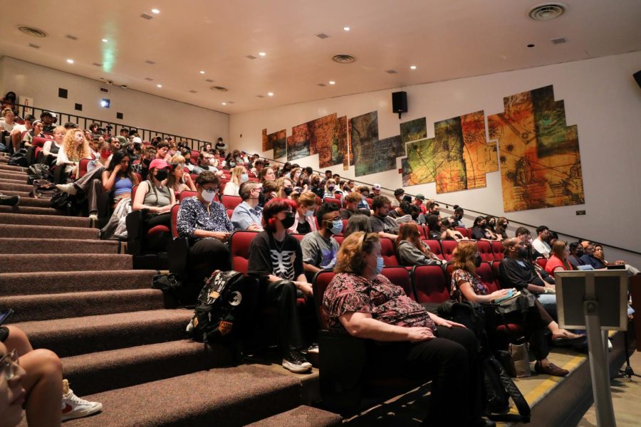 The audience listens to the 10th annual Banned Books Readout event at CSUN on Sept. 29, 2022, in Northridge, Calif. The event was dubbed Belonging on the Shelf, and was the first in-person return of the series since the start of the COVID-19 pandemic.