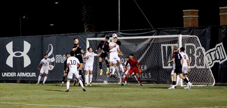 Matadors+defender+Dylan+Gonzalez%2C+3%2C+tries+to+head+the+ball+in+the+game+against+UC+Irvine+on+Saturday%2C+Oct.+22%2C+2022%2C+at+the+Performance+Soccer+Field+in+Northridge%2C+Calif.