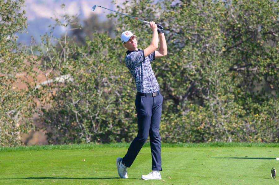Eirik Thomassen swings his club and watches the ball fly at the Nick Watney Invitational in Kingsburg, Calif., held from Sept. 26-27. Thomassen earned his second straight top-10 finish of the season, shooting 4-under 209 in the tournament.