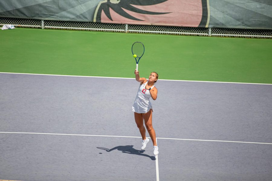 Sasha Turchak connects with the ball in a home game against University of Hawaii on April 24, 2022, in Northridge, Calif.