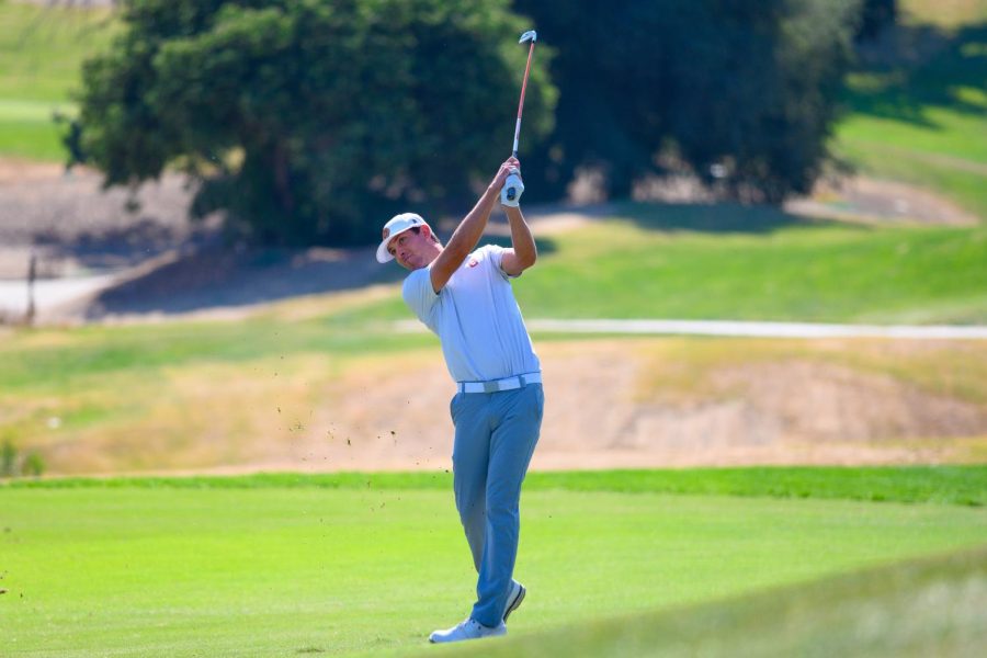 Senior Felix Schrott swings for the fences in his 6-under effort at the Bill Cullum Invitational, earning first place and leading the Matadors to victory at The Oaks Club at Valencia on Tuesday, Oct. 11, 2022, in Stevenson Ranch, Calif.