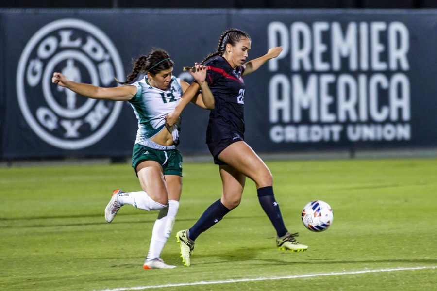Hawaii forward Krista Peterson, left, follows CSUN midfielder Ashly Torres, who keeps the ball away from her in a game at the Matador Soccer Field on Thursday, Oct. 6, 2022, in Northridge, Calif.