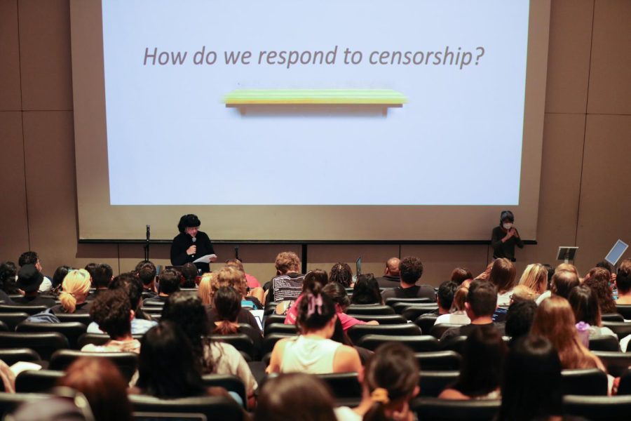 Elizabeth Blakey, associate professor in the department of journalism, speaks on how to respond to censorship at the 10th annual Banned Books Readout on Sept. 29, 2022, at the University Student Union Theater in Northridge, Calif. Blakey began organizing the Banned Books Readout in her first semester at CSUN in the fall of 2012.
