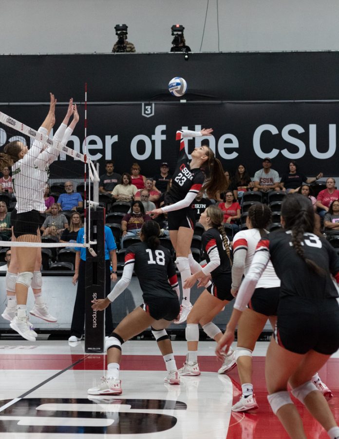 Matadors opposite hitter Magdalena Juric, 23, jumps to spike the ball against Cal Poly San Luis Obispo on Oct. 1, 2022, at the Premier America Credit Union Arena in Northridge, Calif.