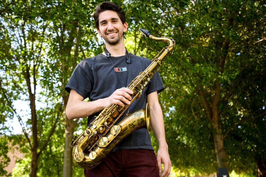Kosta Kutay holds his saxophone at CSUN on Oct. 6, 2022, in Northridge, Calif.