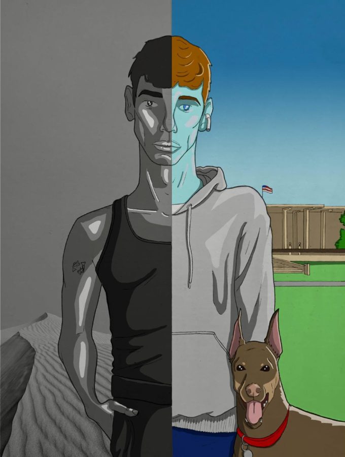 A illustration of a boy in two different situations. one is in black and white and the other with colors, (blue, green, gray, brown) there is also a dog