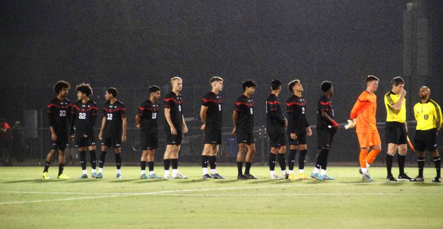 The+Matadors+starting+lineup+stands+on+the+field+in+the+match+against+UC+Irvine+on+Saturday%2C+Oct.+22%2C+2022%2C+at+the+Performance+Soccer+Field+in+Northridge%2C+Calif.