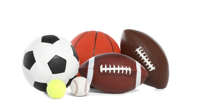 soccer ball, basketball, tennis ball, baseball, and two footballs
