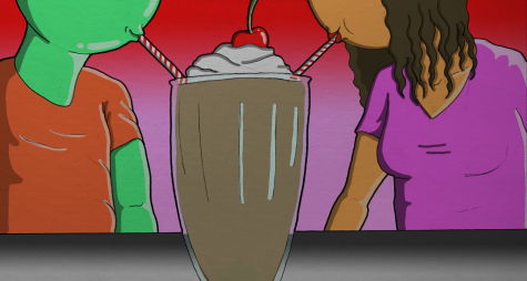 A illustration, there is a milkshake and two people are sharing it