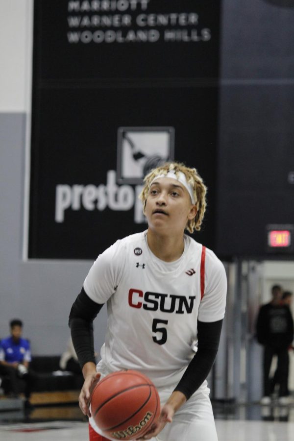CSUN forward Michelle Duchemin makes a pair of free throws to put CSUN up 5-0 in the first quarter against San Jose State University on Saturday, Nov. 19, 2022, at the Premier America Credit Union Arena in Northridge, Calif.