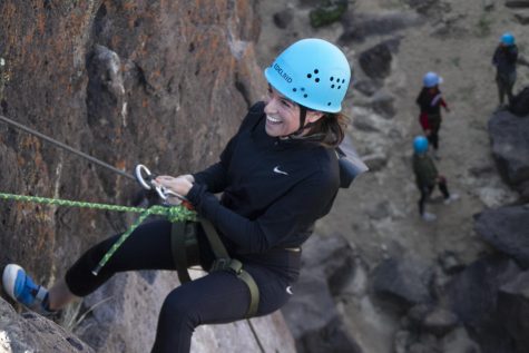 Yuri Ruvalcaba tries the big rappel on Oct. 15, 2022, at Fossil Falls in Inyo County, Calif.