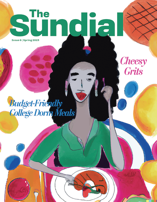 The sundial cover page. Spring 2023 issue 6. A cartoon of a woman with a plate of food in front of her