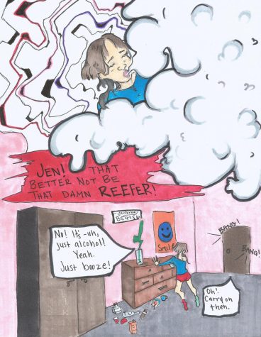 It is a cartoon. On the fist part a girl is smoking. On the second part someone say it is better not be reefer, the girl answers that is just alcohol, in the middle time she is trying to hide her things while someone is knocking on the door.