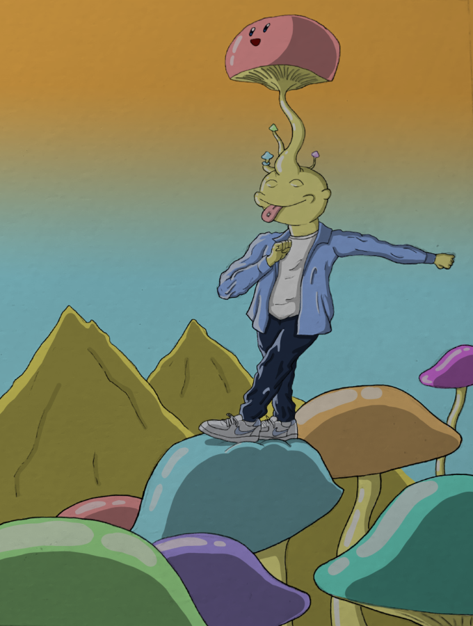 It is a cartoon, an ET dressing humans clothes and has a mushroom on his head. Behind there is some mountains, and the colors are pink. blue, green and orange.