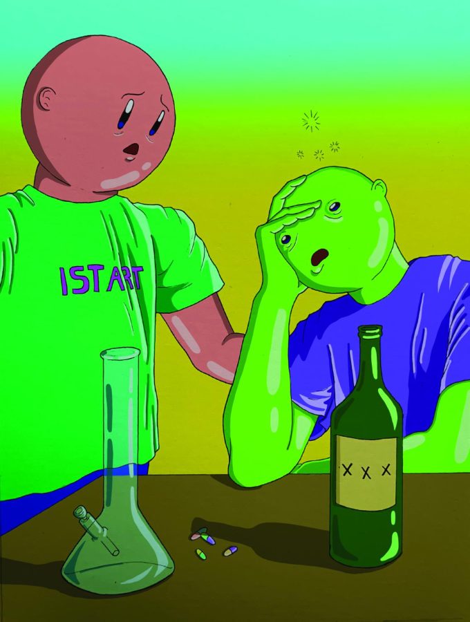 It is a cartoon. Two people with round faces. One is setting down and looks like he used some drugs and drink something, and the other person is trying to help and talk with him. There is a table and on the top there is some illicit drugs