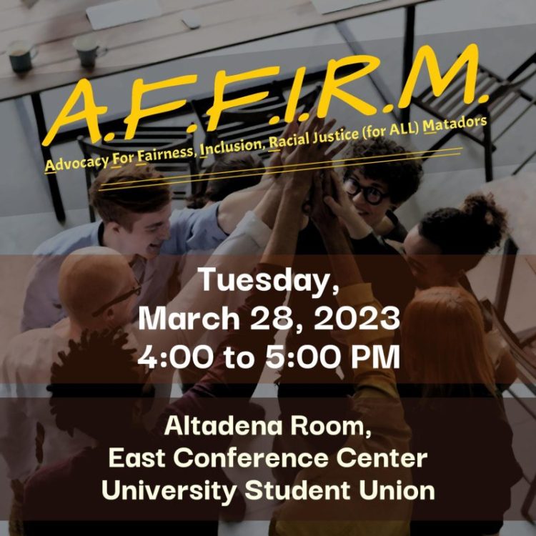A flyer of AFFRIRM meeting. Tuesday, March 28, 2023 from 4:00 pm to 5:00 pm. At Altadena room