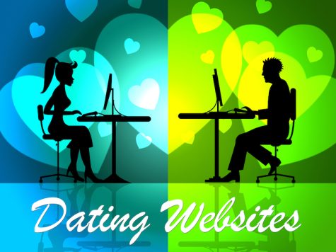 A illustration of two people on their own computer, with the captions of Dating Websites