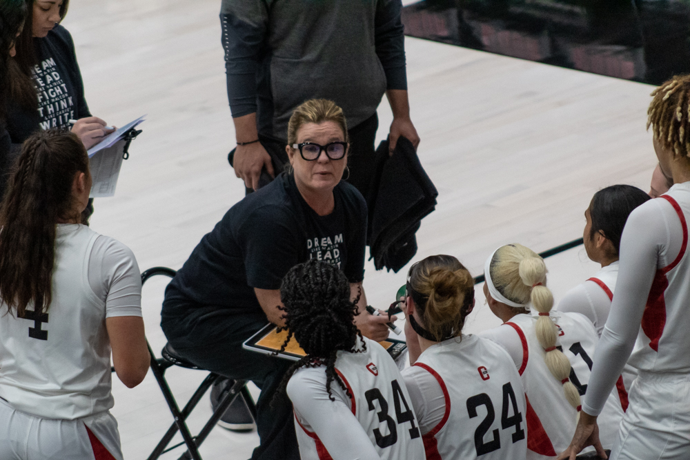 File Photo. Carlene Mitchell, CSUN women’s basketball head coach, speaks to the team during a timeout on Feb. 18, 2023, at the Premier America Credit Union Arena in Northridge, Calif.