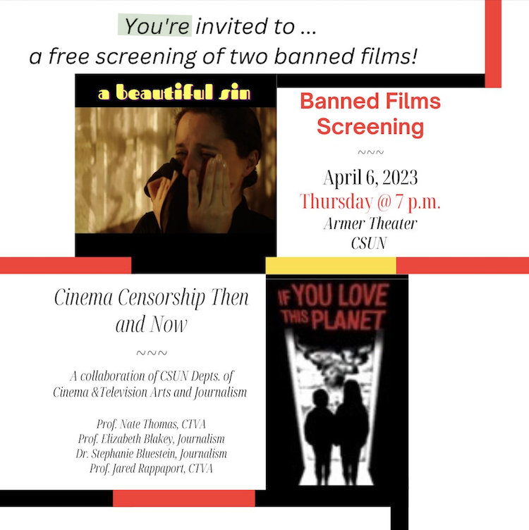 A flyer about cinema "Banned Films Screening" On April 6, 2023. Thursday 7 pm