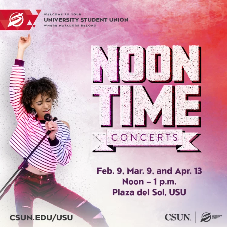 A flyer of "Noon Time concerts" on April 13, from 12:00 pm to 1 pm, at Plaza del Sol, USU