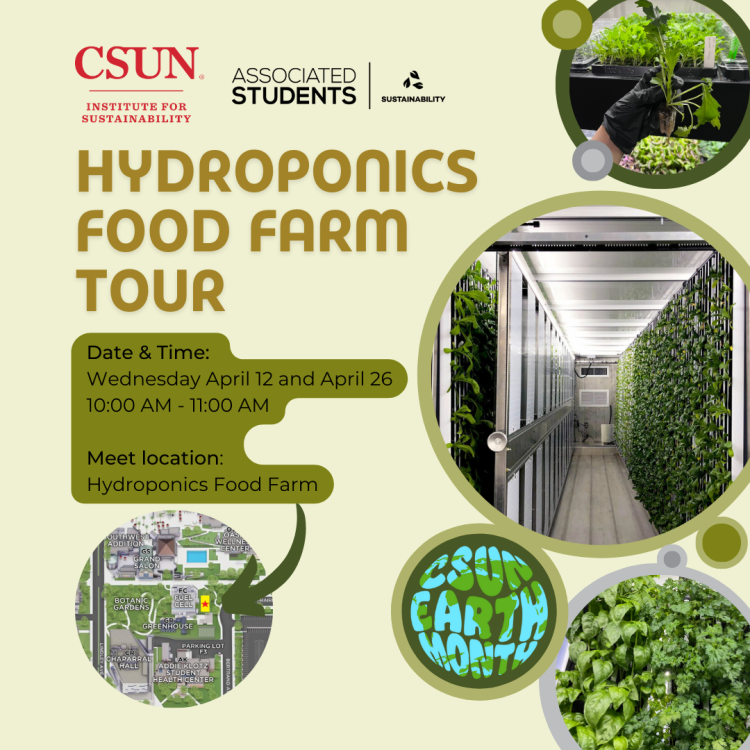 A flyer of "Hydroponics Food Farm Tour" On Wednesday April 12 and April 26, from 10:00 am to 11:00 am, at Hydroponics Food Farm