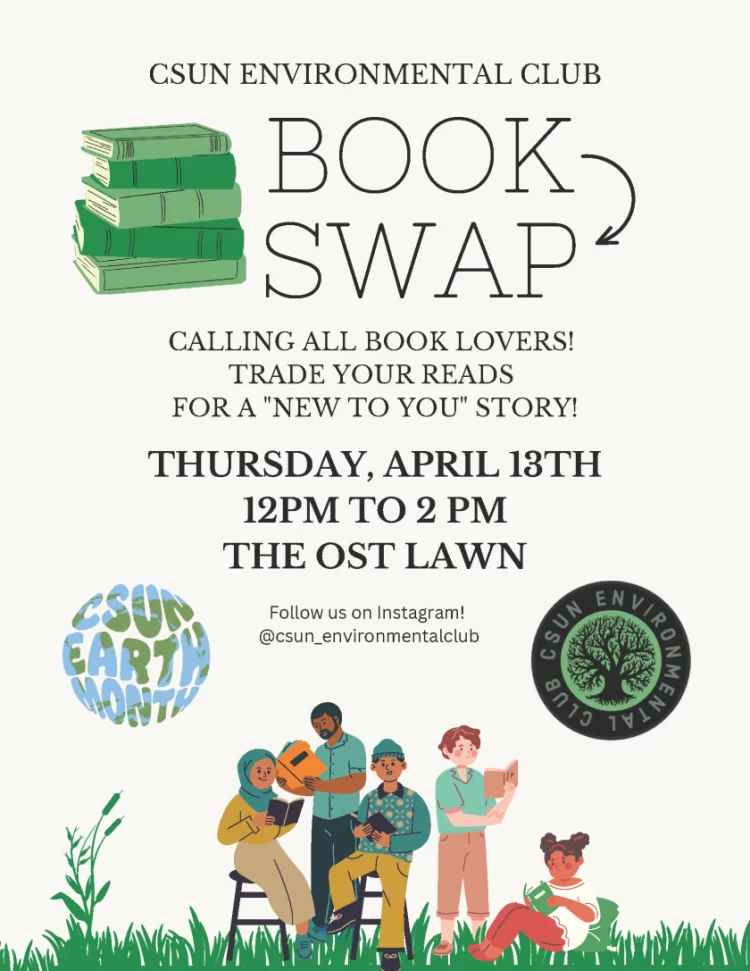 CSUN book swap flyer. Thursday, April 13, from 12 pm to 2 pm at The Ost Lawn