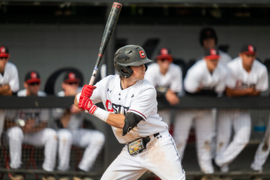 CSUN mens baseball player with a bat