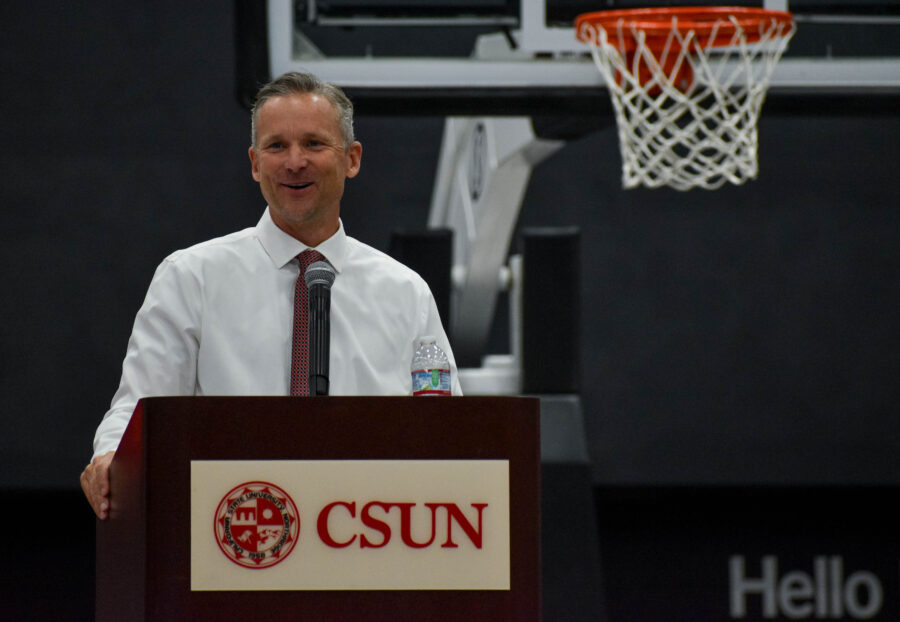 Andy Newman, the new head coach for CSUN mens basketball, answers questions during a meet-and-greet event at the Premier America Credit Union Arena on April 24, 2023, in Northridge, Calif.